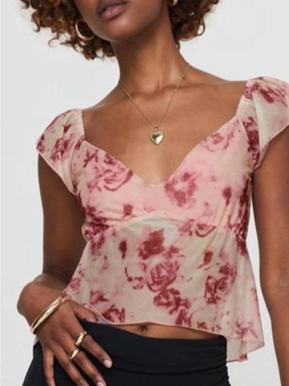 Princess Polly Rose-Pink Floral V-Neck Tie-Dye Crop Tank